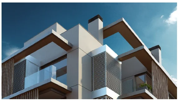 Rendu de l'attique et du rooftop de Mad Río Hco, avec le détail de la façade supérieure