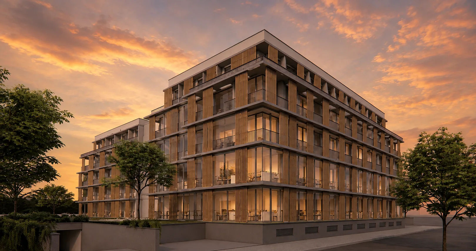 Rendu de Mad Río Hco au crépuscule, coliving et coworking au bord du Manzanares