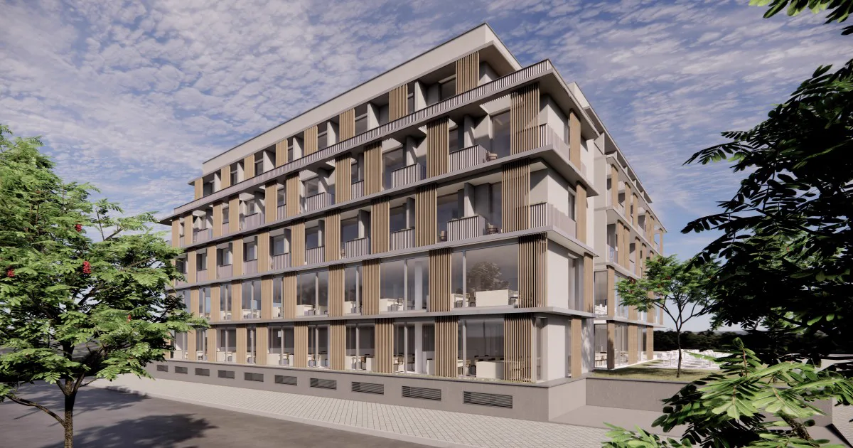 Rendu du bâtiment achevé de Mad Río Hco, avec une façade en lames de bois près du Paseo Virgen del Puerto