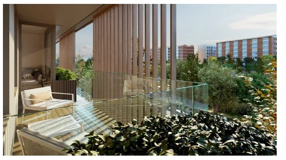 Rendu d'une terrasse privée de Mad Río Hco avec garde-corps en verre et végétation