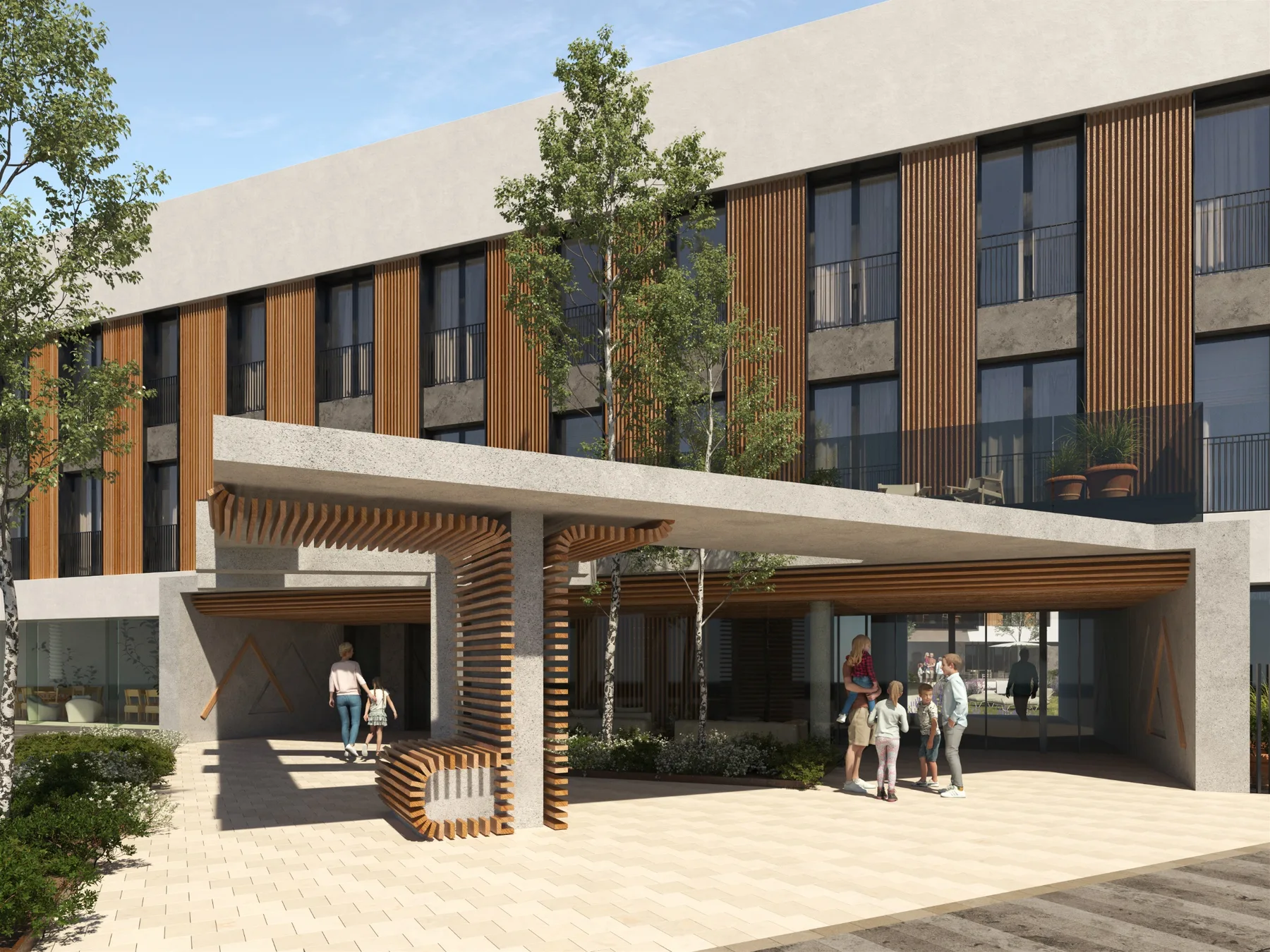 Render of the porticoed entrance of Inversiones Valdemarín, with a timber-slat pergola