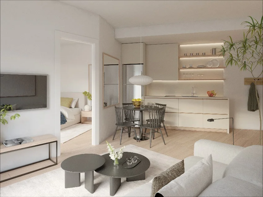 Render of the open kitchen and living room of a one-bedroom apartment at Inversiones Valdemarín