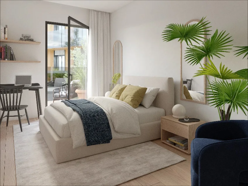 Render of the bedroom of an Inversiones Valdemarín apartment, opening onto a terrace
