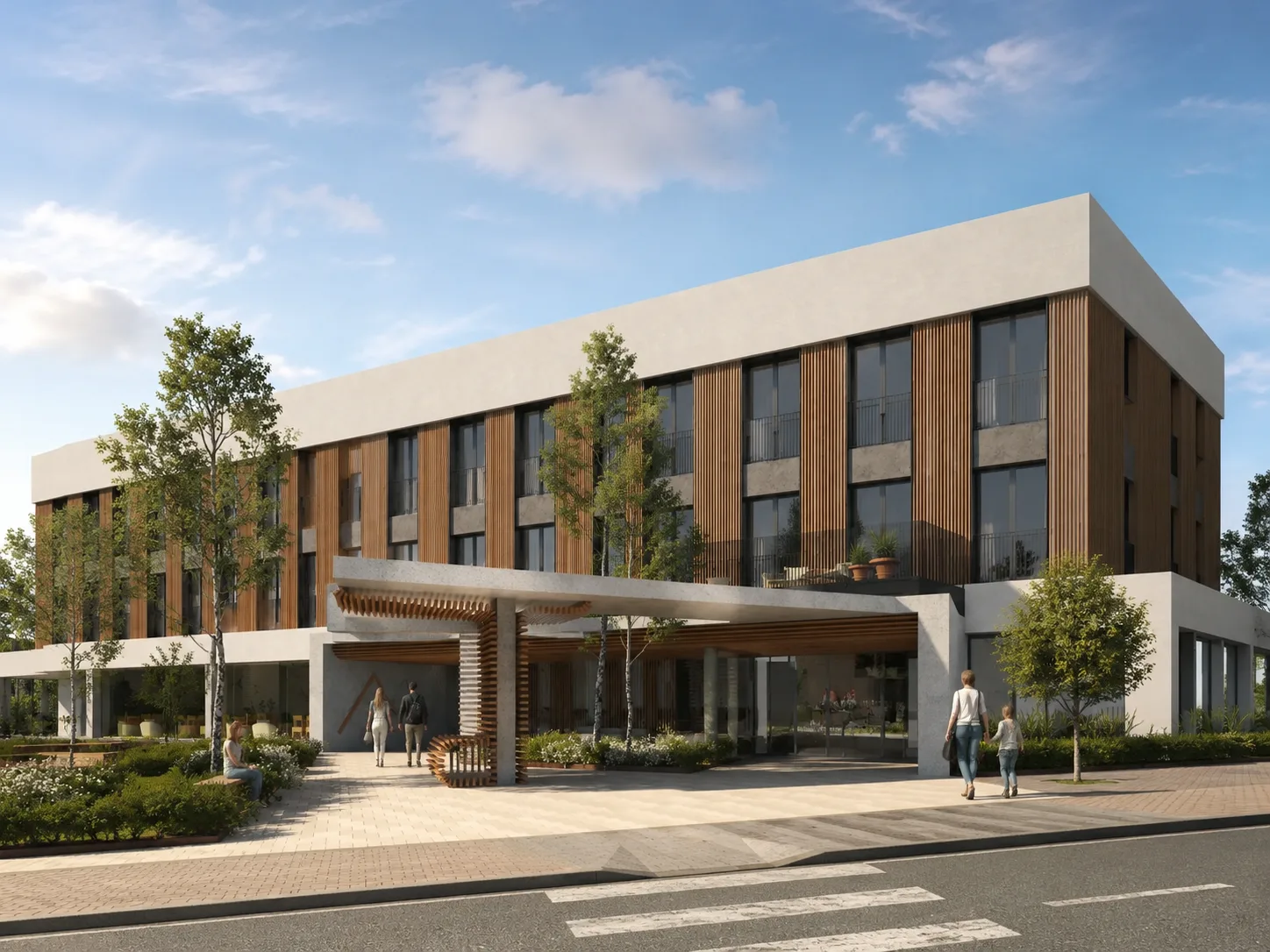 Render exterior de Inversiones Valdemarín, con fachada de lamas de madera, jardín y piscina