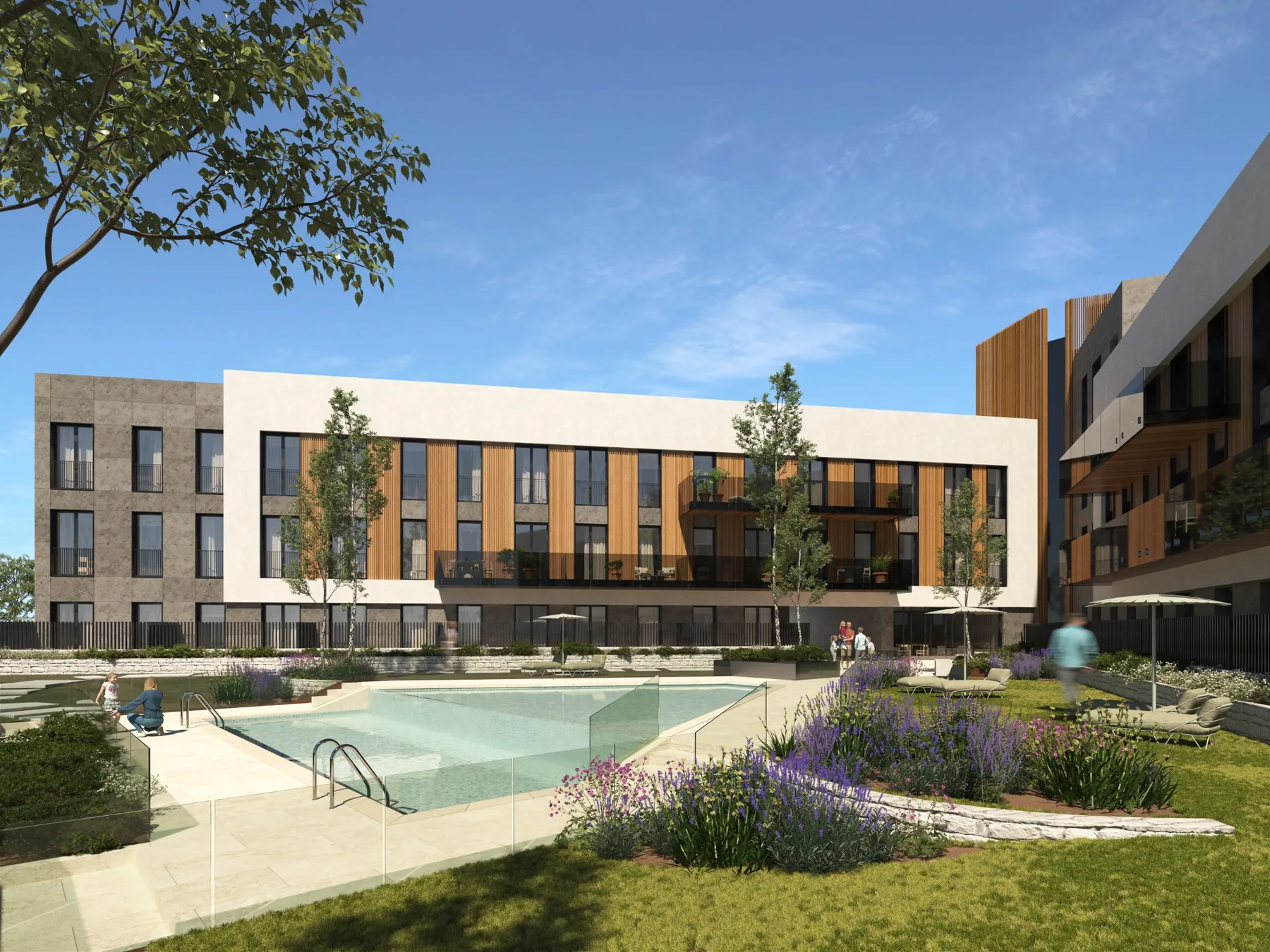 Render of the Inversiones Valdemarín project: timber-slat façade, garden and outdoor pool