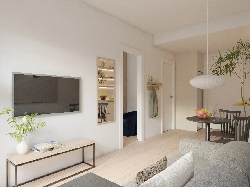 Render of the living room with seating area of an Inversiones Valdemarín apartment