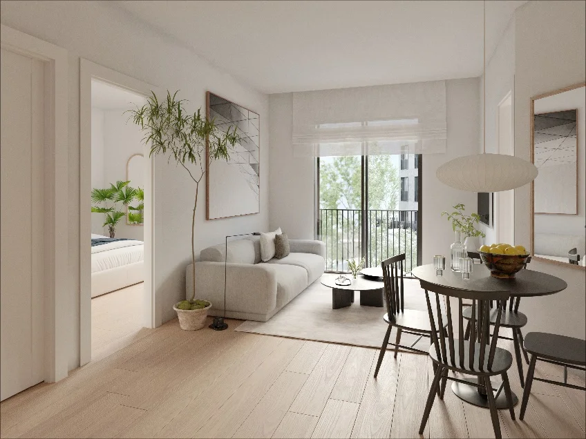 Render of the living room of an Inversiones Valdemarín apartment